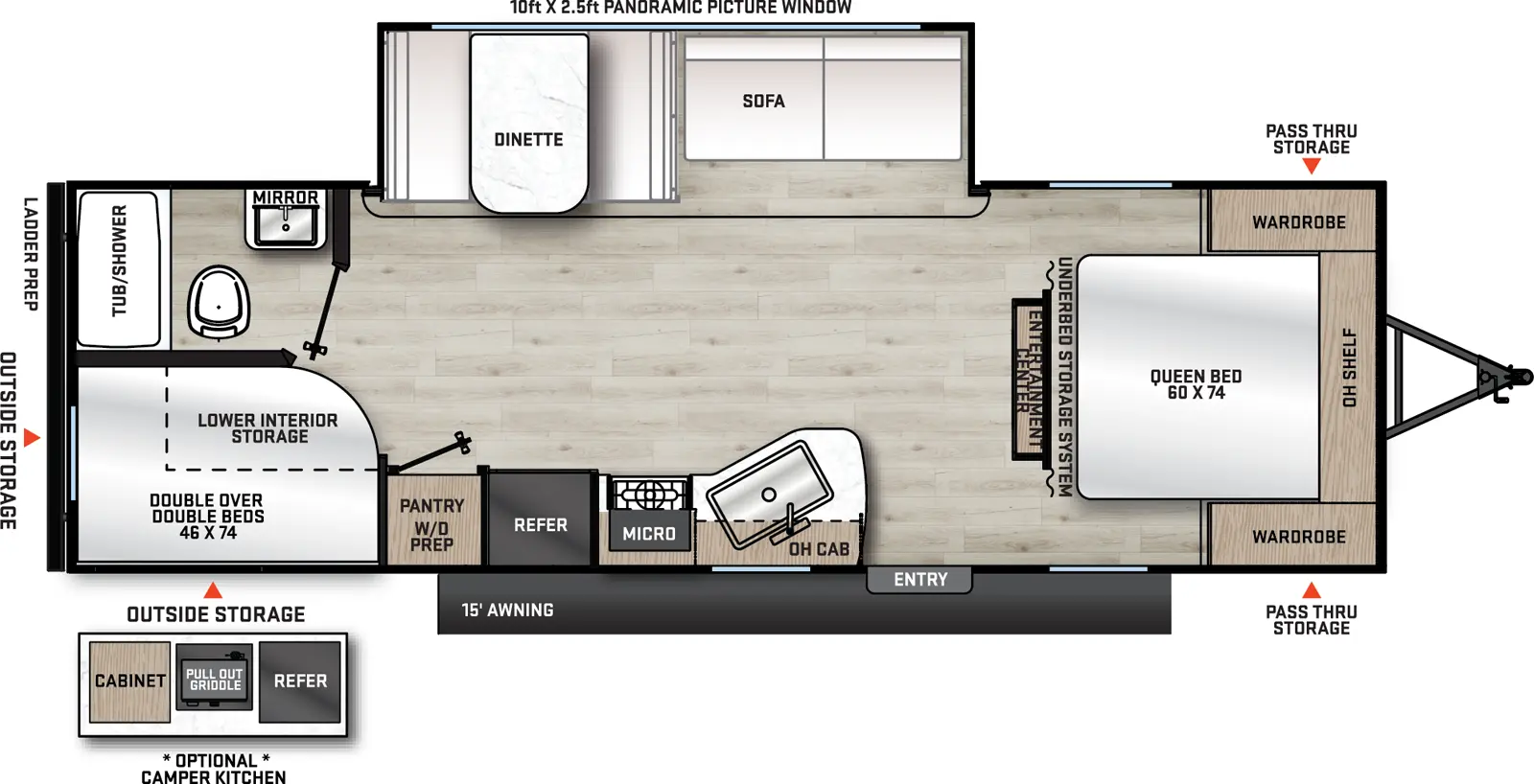 The Catalina Summit Series 8 261BHS floorplan has one entry and one slide out. Exterior features include: metal exterior, 15' awning and outside kitchen. Interiors features include: bunk beds and front bedroom.
